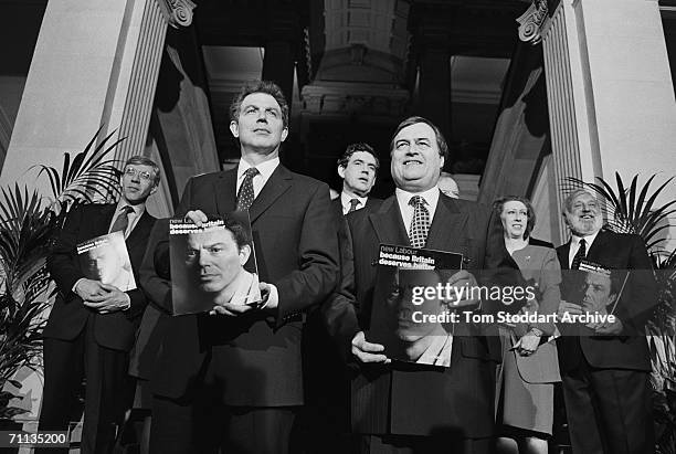 3rd APRIL 1997: Tony Blair and fellow Labour politicians launching his party's manifesto entitled 'Because Britain Deserves Better' during his...