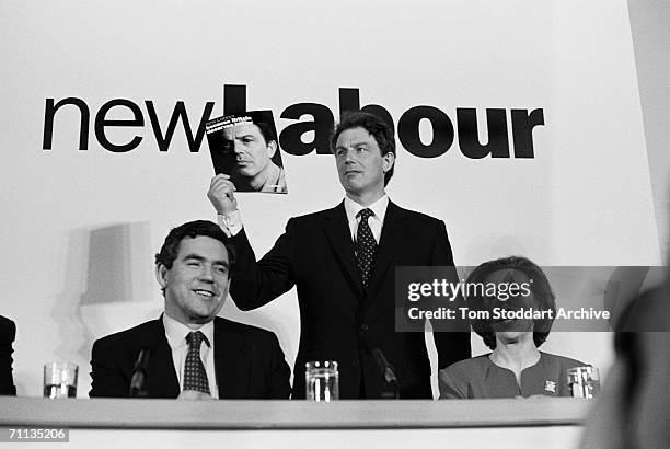 3rd APRIL 1997: Tony Blair, Gordon Brown and Margaret Beckett at the launch of the Labour manifesto entitled 'Because Britain Deserves Better' during...