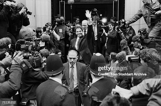 3rd APRIL 1997: Tony Blair MP surrounded by media on the day that Labour launched their manifesto entitled 'Because Britain Deserves Better' during...