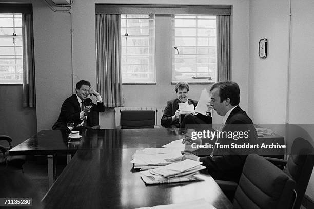 Tony Blair MP and Alastair Campbell teasing journalist Peter Hitchins in a tense interview during Blair's successful 1997 General Election campaign...