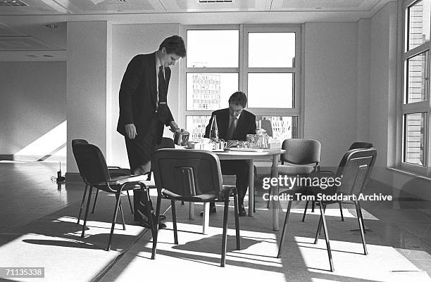 Tony Blair MP with press secretary Alastair Campbell before a speech in the City of London during his successful 1997 General Election campaign to...