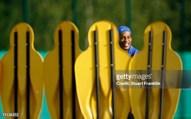 Ronaldinho of Brazil laughs during the Brazilian National Team training session prior to the FIFA World Cup 2006 on June 6, 2006 in Konigstein,...