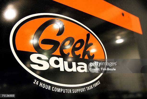 Geek Squad" sign hangs on a door to its computer repair facility in a Best Buy store June 6, 2006 in Niles, Illinois. Best Buy is reportedly testing...