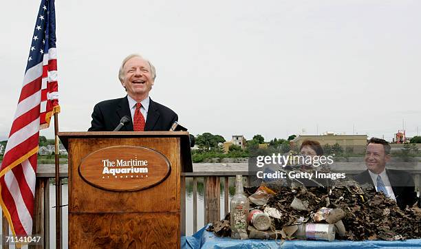 Senator Joe Lieberman discusses the Smart Sponge produced by AbTech Industries during a press conference at the Maritime Aquarium on June 5, 2006 in...