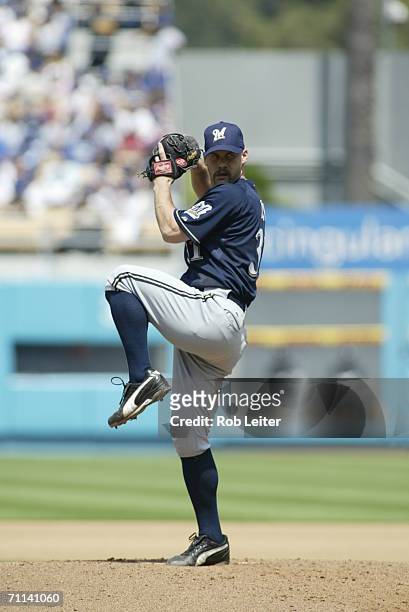 Dave Bush of the Milwaukee Brewers pitches during the game against the Los Angeles Dodgers at Dodger Stadium in Los Angeles, California on May 7,...