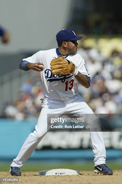 Oscar Robles of the Los Angeles Dodgers prepares to throw during the game against the Milwaukee Brewers at Dodger Stadium in Los Angeles, California...