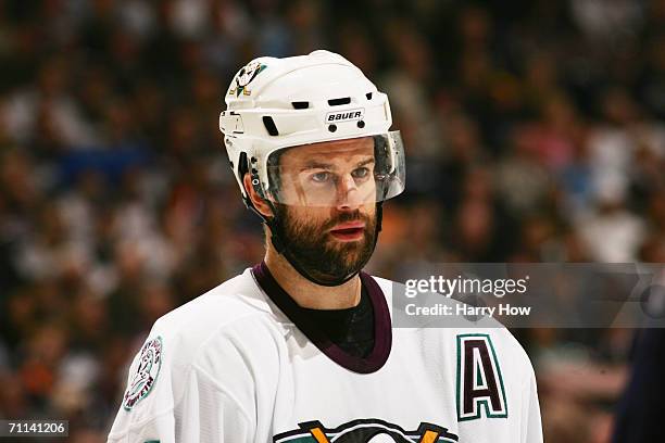 Rob Niedermayer of the Mighty Ducks of Anaheim looks on against the Edmonton Oilers in game three of the Western Conference Finals during the 2006...