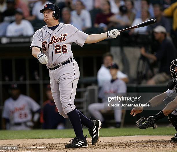 Chris Shelton of the Detroit Tigers hits a solo home run in the 4th inning against the Chicago White Sox on June 6, 2006 at U.S. Cellular Field in...