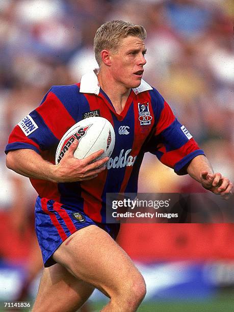 Darren Albert of the Knights in action during the ARL match between the Newcastle Knights and the Manly Sea Eagles at Brookvale Oval 1997, in Sydney,...