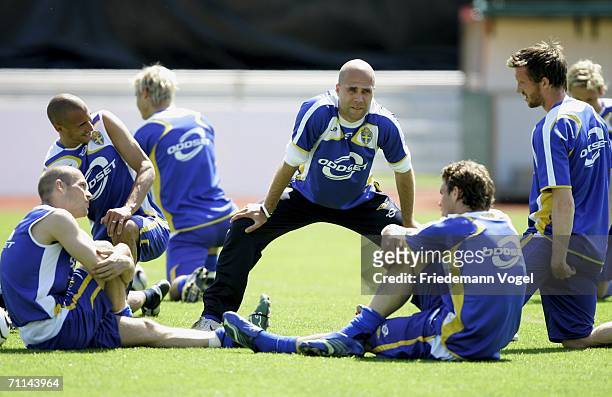 The team of Sweden warm up during the training session of Sweden National Football Team on June 7, 2006 in Bremen, Germany. Sweden are due to meet...