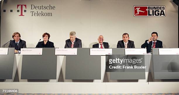Walter Raizner from the German Telekom and Werner Hackmann from the DFL attend the press conference of the German Football League on June 07, 2006 in...