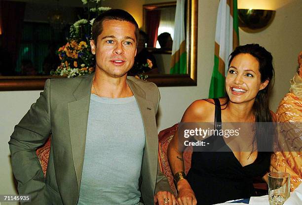 Hollywood couple Angelina Jolie and Brad Pitt give a press conference 07 June 2006, at a Swakopmund hotel. Hollywood's hottest couple became the...