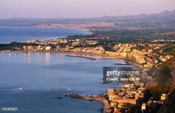 seaside town from above, giardini-naxos, italy - giardini naxos stock pictures, royalty-free photos & images