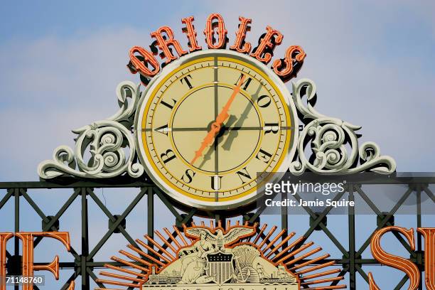 The outfield clock above the scoreboard is shown during the Baltimore Orioles game against the Toronto Blue Jays at Oriole Park at Camden Yards on...