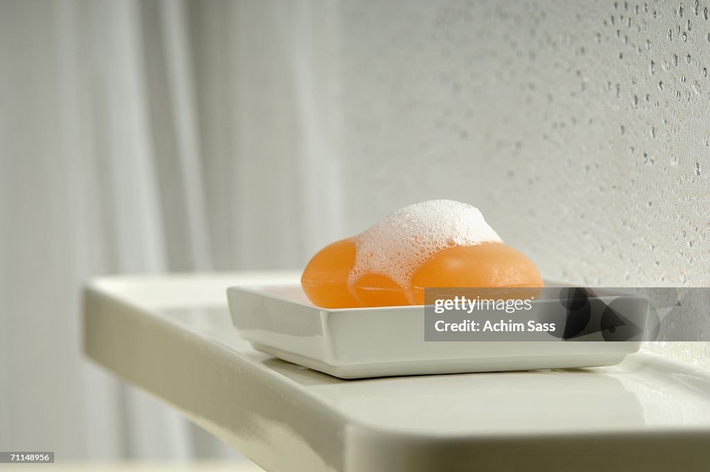 Soap with foam in soap dish
