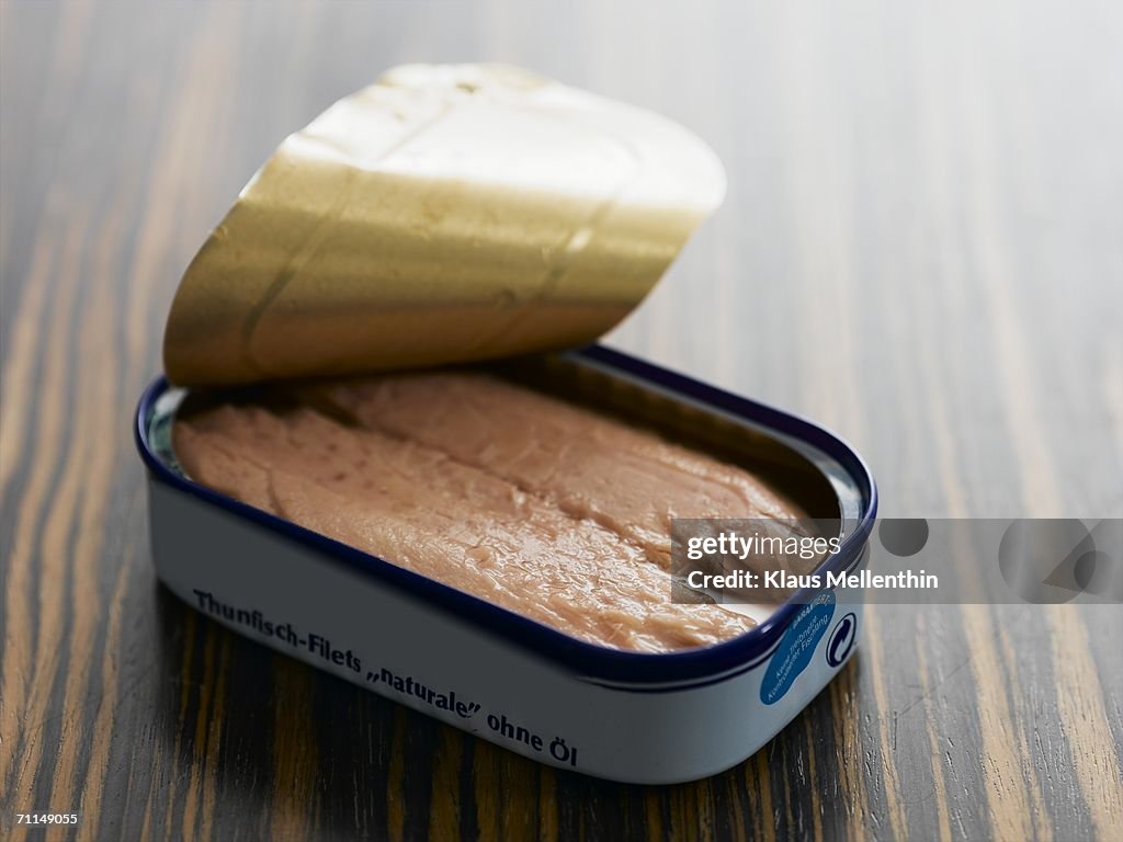 Can of tuna fish, close-up, elevated view