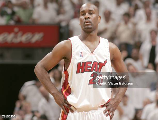 Gary Payton of the Miami Heat stands on the court in game four of the Eastern Conference Finals against the Detroit Pistons during the 2006 NBA...