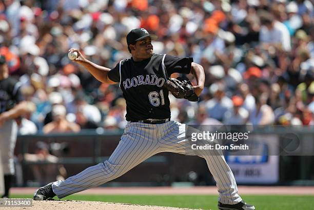 Ramon Ramirez of the Colorado Rockies pitches during the game against the San Francisco Giants at AT&T Park in San Francisco, California on May 28,...