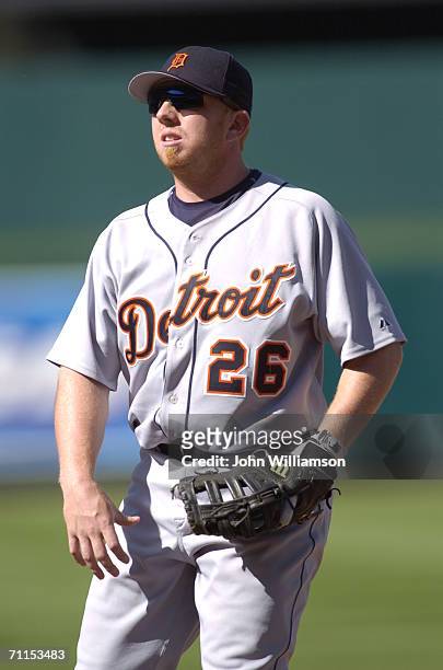 First baseman Chris Shelton of the Detroit Tigers looks off the field from his position at first base during the game against the Kansas City Royals...