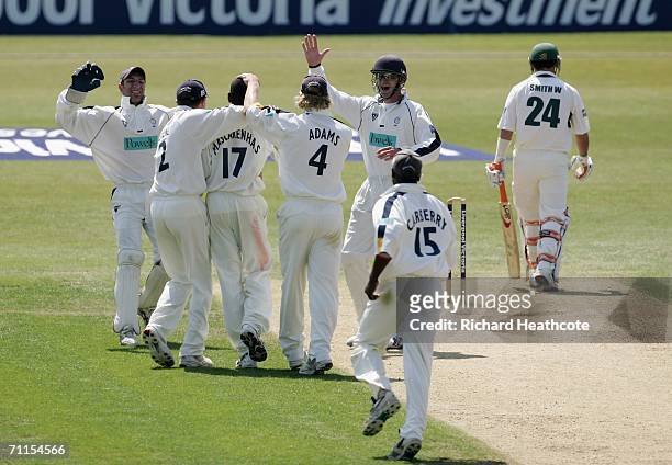 Dimitri Mascarenhas of Hants celebrates bowling Will Smith of Notts during the Liverpool Victoria County Championship Division One match between...
