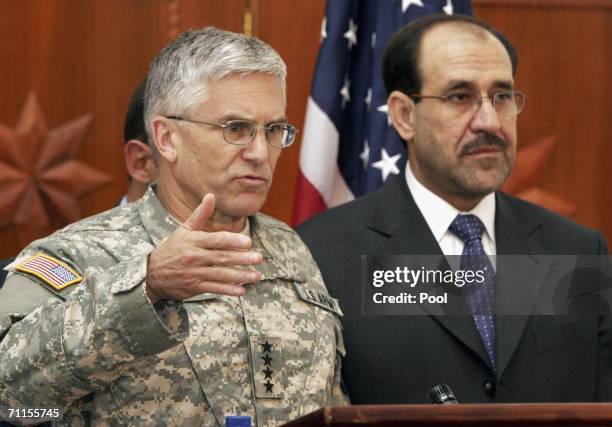 Top U.S. Commander in Iraq Gen. George Casey speaks to the media after Iraqi Prime Minister Nouri al-Maliki announced the news that Abu Musab...