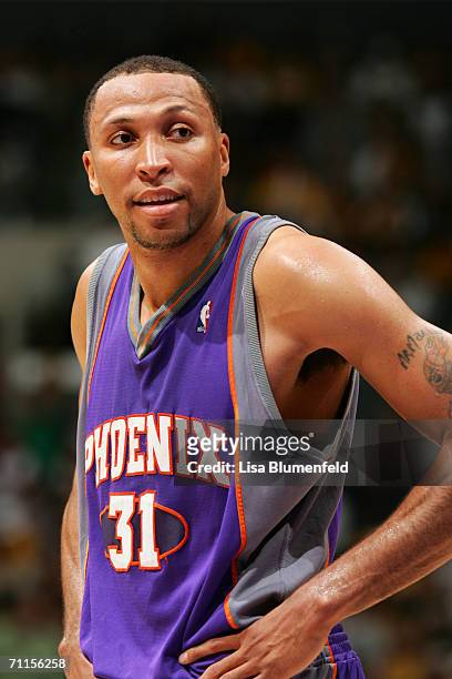 Shawn Marion of the Phoenix Suns looks on against the Los Angeles Lakers in Game Four of the Western Conference Quarterfinals during the 2006 NBA...