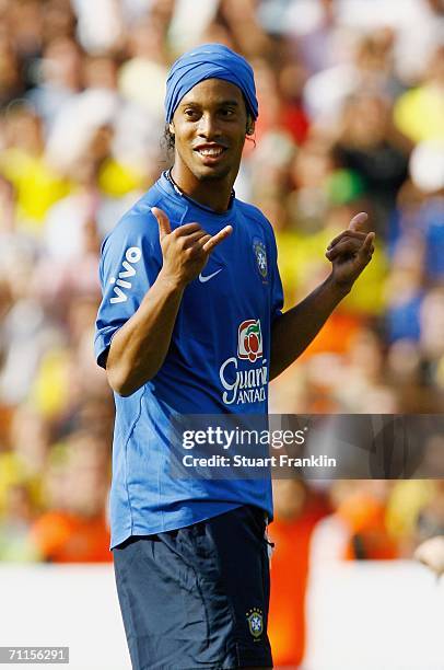 Ronaldinho of Brazil gestures during a training session on June 8, 2006 in Offenbach, Germany.