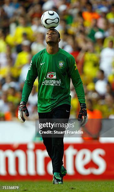 Dida of Brazil balances the ball on his head during the training session of the Brazilian National Team for the FIFA World Cup 2006 on June 8, 2006...