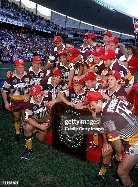 The Broncos celebrate after winning the 1992 NSWRL Grand Final between the Brisbane Broncos and the St George Dragons at the Sydney Football Stadium...