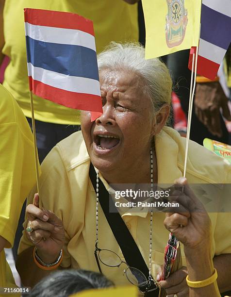 Thai women screams in excitement as hundreds of thousands of Thais clad in yellow shirts wait out side the Royal Plaza to pay tribute to King...