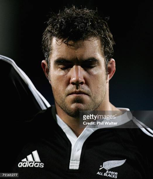 Junior All Black captain Corey Flynn is full of concentration during the singing of the national anthems before the Pacific 5 Nations game between...