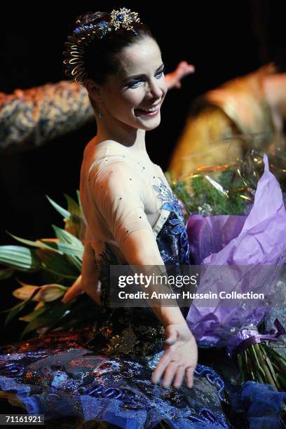 Principal dancer Darcey Bussell smiles at the curtain call after The Royal Ballet Gala for Britain's Queen Elizabeth II at the Royal Opera House at...