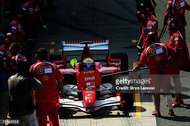 Felipe Massa of Brazil and Ferrari practices a pit stop during practice for the F1 British Grand Prix on June 9th, 2006 at Silverstone, England.