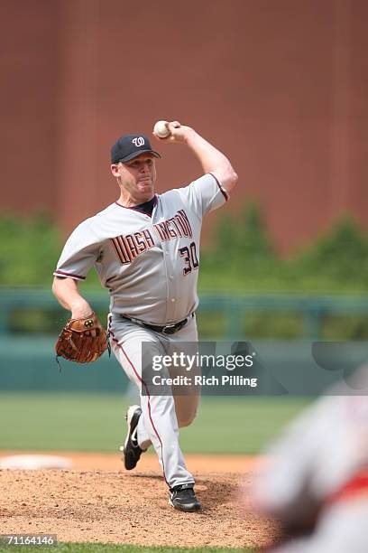 Mike Stanton of the Washington Nationals pitching during the game against the Philadelphia Phillies at Citizens Bank Park in Philadelphia,...