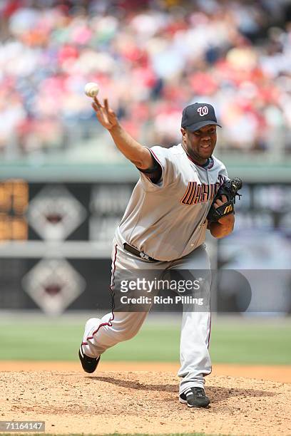 Livan Hernandez of the Washington Nationals pitching during the game against the Philadelphia Phillies at Citizens Bank Park in Philadelphia,...