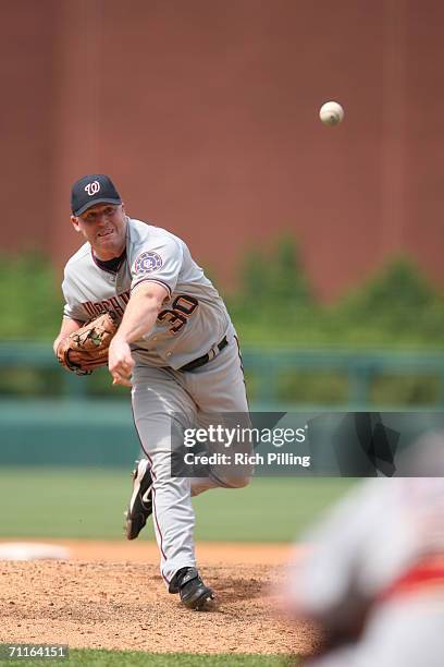 Mike Stanton of the Washington Nationals pitching during the game against the Philadelphia Phillies at Citizens Bank Park in Philadelphia,...