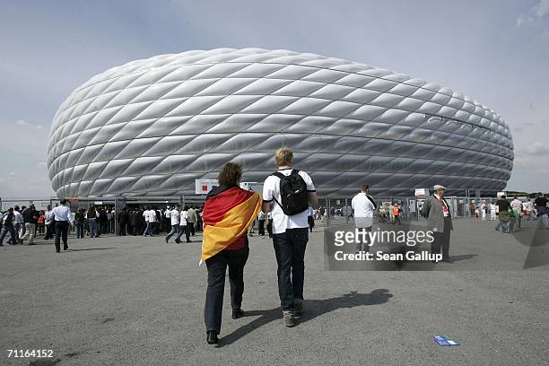 Fans arrive at the Munich Stadium on June 9, 2006 in Munich, Germany, to watch Germany play Costa Rica in the opening game of the FIFA World Cup...