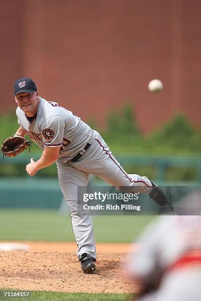 Mike Stanton of the Washington Nationals pitching during the game against the Philadelphia Phillies at Citizens Bank Park in Philadelphia,...