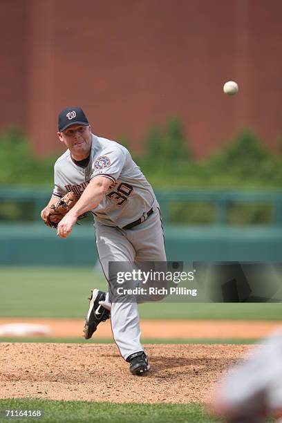 Mike Stanton of the Washington Nationals pitching during the game against the Philadelphia Phillies at Citizens Bank Park in Philadelphia,...