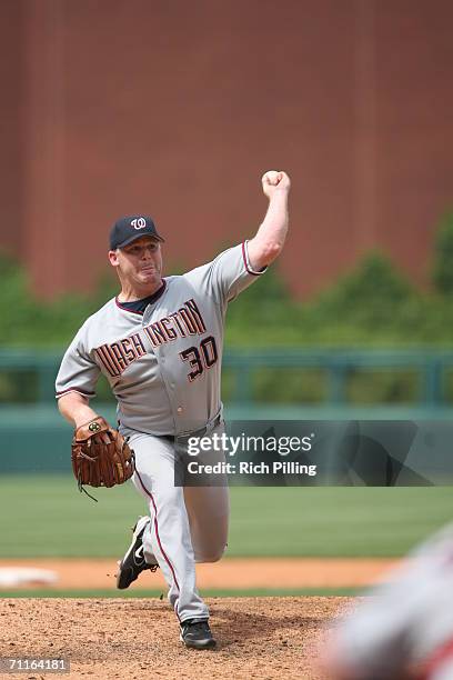 Mike Stanton of the Washington Nationals pitching during the game against the Philadelphia Phillies at Citizens Bank Park in Philadelphia,...