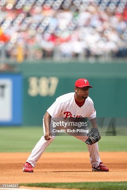 Abraham Nunez of the Philadelphia Phillies fielding during the game against the Washington Nationals at Citizens Bank Park in Philadelphia,...