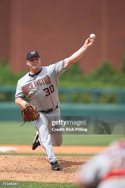 Mike Stanton of the Washington Nationals pitching during the game against the Philadelphia Phillies at Citizens Bank Park in Philadelphia,...