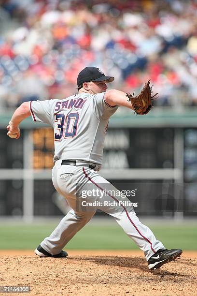 Mike Stanton of the Washington Nationals pitching during the game against the Philadelphia Phillies at Citizens Bank Park in Philadelphia,...