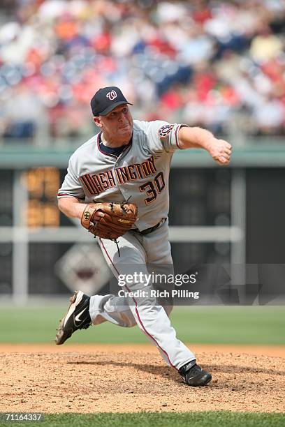 Mike Stanton of the Washington Nationals pitching during the game against the Philadelphia Phillies at Citizens Bank Park in Philadelphia,...