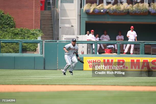 Marlon Byrd of the Washington Nationals fielding during the game against the Philadelphia Phillies at Citizens Bank Park in Philadelphia,...