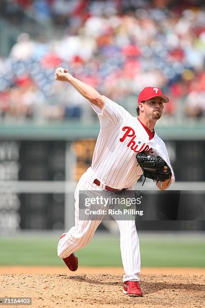 Geoff Geary of the Philadelphia Phillies pitching during the game against the Washington Nationals at Citizens Bank Park in Philadelphia,...