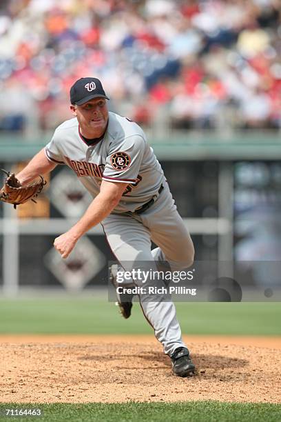 Mike Stanton of the Washington Nationals pitching during the game against the Philadelphia Phillies at Citizens Bank Park in Philadelphia,...