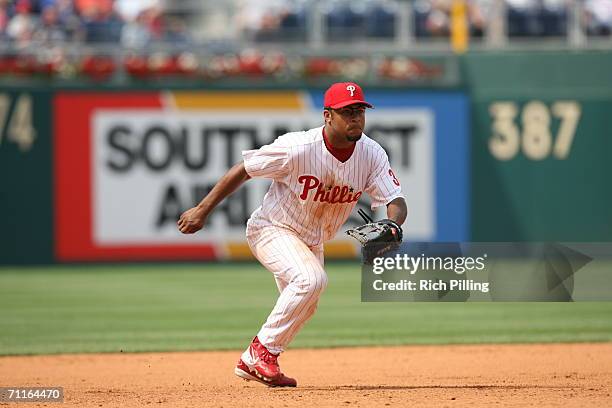 Abraham Nunez of the Philadelphia Phillies fielding during the game against the Washington Nationals at Citizens Bank Park in Philadelphia,...