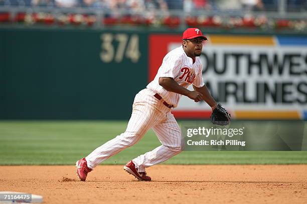 Abraham Nunez of the Philadelphia Phillies fielding during the game against the Washington Nationals at Citizens Bank Park in Philadelphia,...