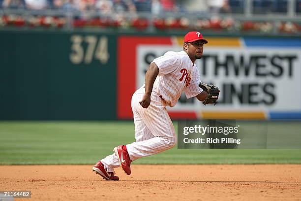 Abraham Nunez of the Philadelphia Phillies fielding during the game against the Washington Nationals at Citizens Bank Park in Philadelphia,...